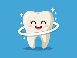 A cute, smiling tooth character radiates joy with sparkling effects, promoting good oral hygiene and dental health in a fun, engaging manner for children and adults alike.
