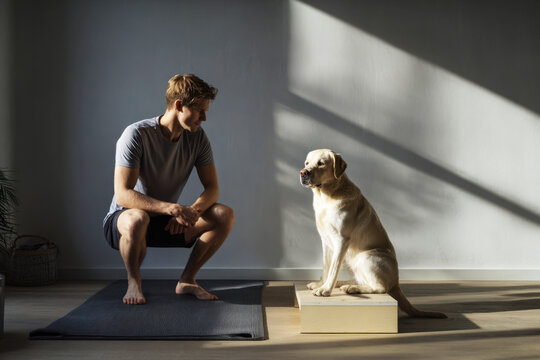 A young man is engaging in squats on a yoga mat, with his Labrador dog standing on a small platform next to him, promoting fitness and companionship in a home setting
