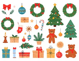 Fototapeta premium Collection of festive Christmas elements in flat vector design, including gifts and ornaments