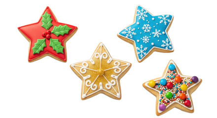 Four decorated star shaped christmas cookies isolated on transparent background