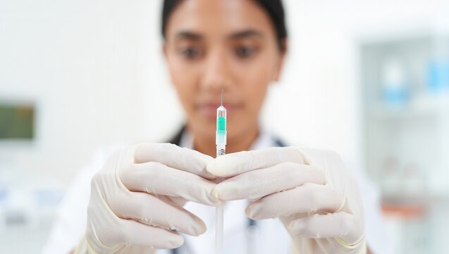 A healthcare professional in gloves carefully holds a syringe filled with medication, ready for an injection in a clinical setting. - Powered by Adobe