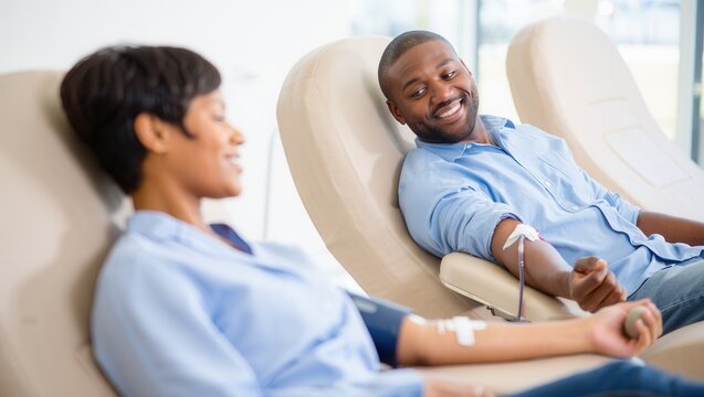 A man and woman smiling while donating blood in a comfortable clinic. The atmosphere is friendly and supportive, promoting health and community service.