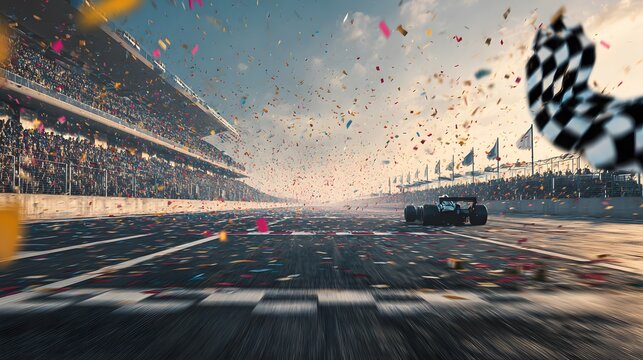 Race car crossing finish line with checkered flag and confetti celebration