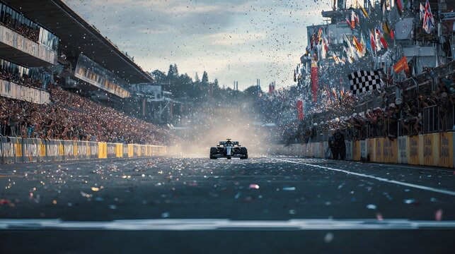 Race car crossing finish line with checkered flag and confetti celebration - Powered by Adobe