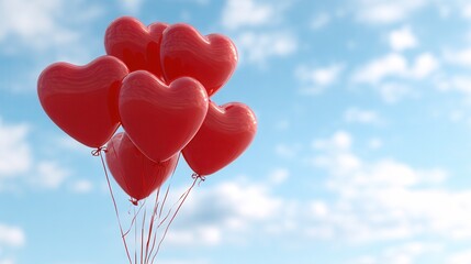 A cluster of shiny red heart-shaped balloons floating against a bright blue sky with fluffy clouds, perfect for romantic occasions.