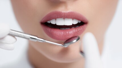 dentist examining woman s teeth, dental tools visible, clean white background