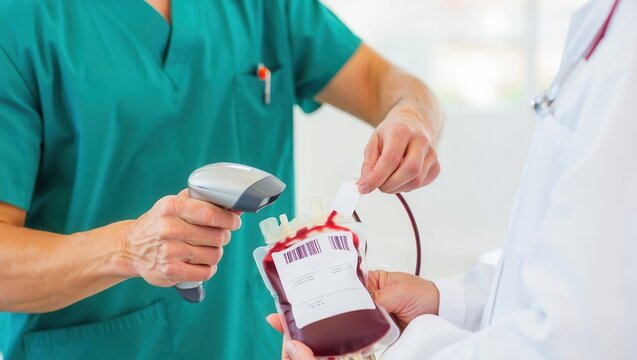 A healthcare worker scans a blood bag with a barcode scanner in a clinical setting. The scene conveys a sense of precision and care in medical procedures.