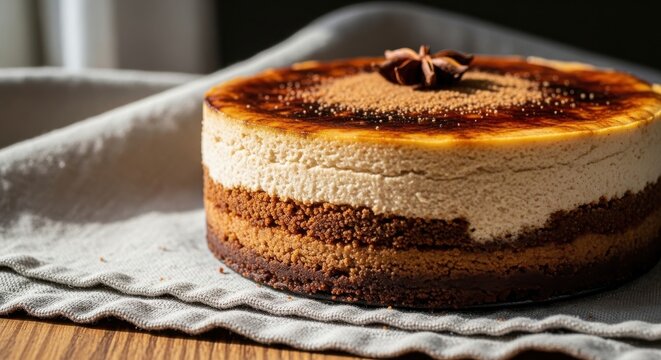 A delicious, layered cheesecake with a caramelized top, dusted with cinnamon and garnished with a star anise, resting on a rustic linen cloth on a wooden table, captured in soft, natural light - Powered by Adobe