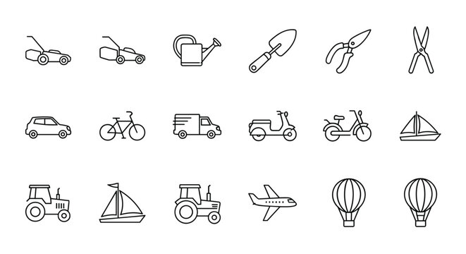 A meticulously curated collection of 18 distinct line art icons, showcasing a variety of lawn care equipment and transportation vehicles, presented on a clean white background for optimal versatility