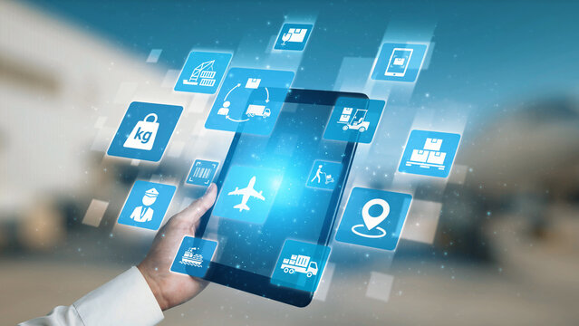 Logistics icons illustrate delivery, supply chain, warehouse, and shipping. Logistics connects global trade, logistics optimizes transport, and logistics supports inventory tracking. Gist