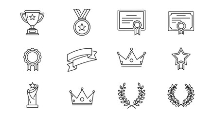 Collection of award line icons, featuring a trophy, medal, certificate, ribbon, crown, and laurel wreath, symbolizing achievement, victory, and recognition. This editable icon set is perfect for