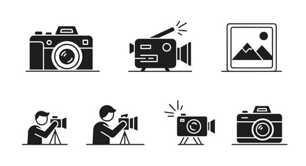 Set of solid black photography icons, including a classic photo camera, a professional photographer with a tripod, a vintage video camera, and a framed landscape photograph, representing the art and