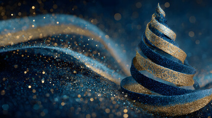 Mood of festive blue and silver decor featuring Christmas tree shape, ribbon and glitter on a deep blue backdrop, capturing Christmas vibe and New Year celebration and warm greeting for the season