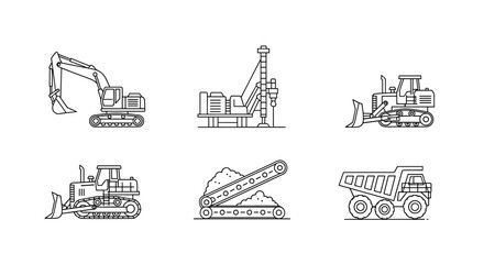 Set of outline icons representing mining equipment, including a versatile excavator, a powerful drilling rig, a robust bulldozer, an efficient conveyor belt system, and a heavy-duty haul truck, all