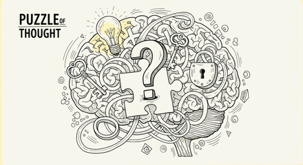 Hand-drawn doodle illustration of a brain filled with a maze, puzzle piece, question mark, light bulb, keys, and a lock, symbolizing thought, problem-solving, and intellectual challenges, with the