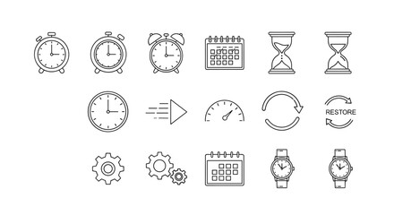 Collection of thin line icons representing time management, including alarm clocks, hourglasses, calendars, watches, speedometers, gears, and restore symbols, perfect for web and mobile applications
