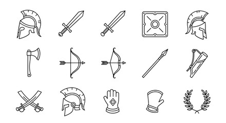 Obraz premium Collection of Archaic War-Related Vector Line Icons: A minimalist set featuring helmets, swords, shields, axes, bows, arrows, quivers, crossed swords, gauntlets, and a laurel wreath, perfect for
