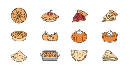A vibrant collection of flat line icons representing various pies and baked goods, including Ossetian pie, cherry pie, apple pie, pumpkin pie, casserole, and pita bread, perfect for bakery signage