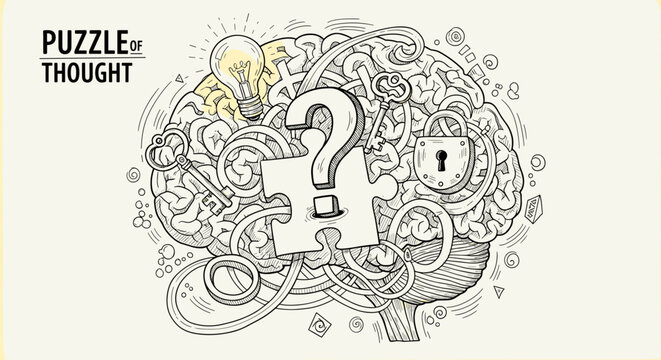 Hand-drawn doodle illustration of a brain filled with a maze, puzzle piece, question mark, light bulb, keys, and a lock, symbolizing thought, problem-solving, and intellectual challenges, with the