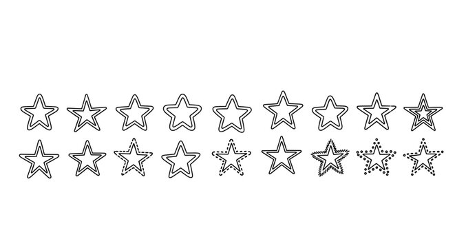 A collection of diverse hand-drawn star icons, featuring outlines, dotted patterns, and double-lined designs, presented as a clean, ordered line art set on a white background, perfect for graphic