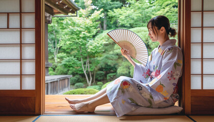 Young Woman in Yukata Holding Fan in Traditional Japanese House