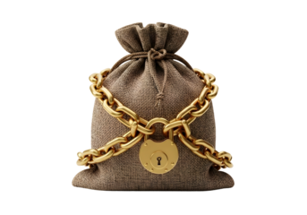 Burlap money bag secured with a golden chain and padlock isolated on transparent background