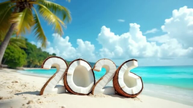 2026 numbers made from coconut against tropical beach with palm trees, exotic new year concept of travel brands and island promotions.