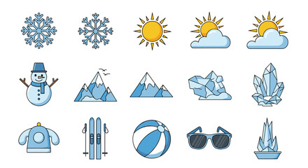 Collection of winter and summer icons, including snowflakes, sun with clouds, snowman, mountains, icebergs, crystals, winter hat, skis, beach ball, and sunglasses, presented as a vector cartoon