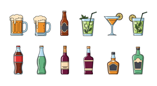 Vibrant Flat Icons of Assorted Beverages: Beer Mugs, Cocktails, Soda Bottles, Wine, and Spirits, Perfect for Refreshment-Themed Designs, Bar Menus, and Digital Content Creation, Vector Art