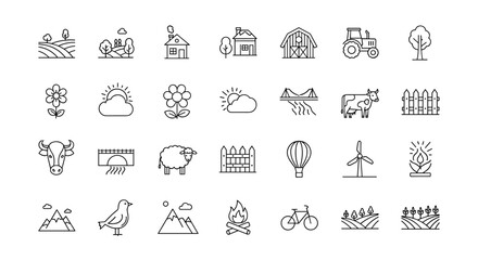 A collection of thin line icons representing countryside and landscape elements, including farms, fields, animals, natural scenery, and rural activities, presented on a white background with editable