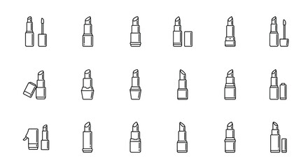 A collection of minimalistic line icons representing various lipstick and lip gloss styles, perfect for web and graphic design, apps, banners, social networks, and cards. This vector cartoon