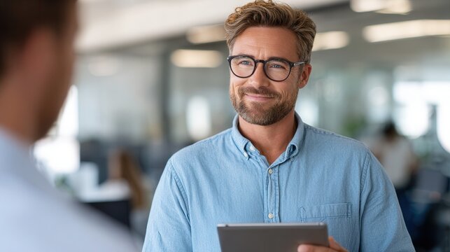 A confident businessman with glasses smiles while holding a tablet in a contemporary office environment, suggesting collaboration and technology.