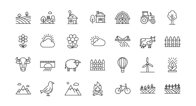 A collection of thin line icons representing countryside and landscape elements, including farms, fields, animals, natural scenery, and rural activities, presented on a white background with editable