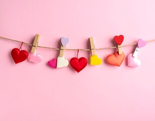 Colorful hearts hang from a string clipped by wooden clothespins against a pastel pink backdrop