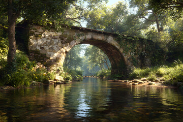 Timeless Stone Bridge in aVerdant Landscape: Emblem f Connection and StabilityAmidst Nature's Serenity