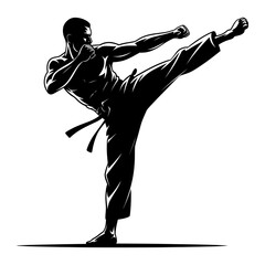 silhouette of martial artist performing high kick in karate pose black and white vector illustration of strength