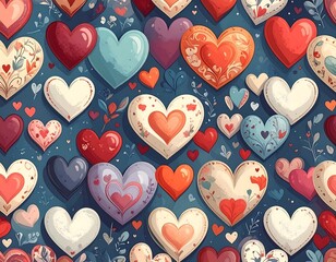 Colorful heart shapes of various colors and designs form a seamless pattern