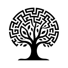 silhouette of tree with circular maze branches black and white vector illustration symbolizing growth and wisdom