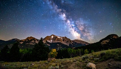 Stunning nightscape showcases mountains silhouetted against a vibrant sky, with the majestic Milky Way galaxy streaking across. Lush trees in the foreground