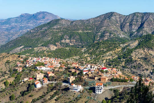 A scenic view of a mountain village called Guenzet in northern Algeria.