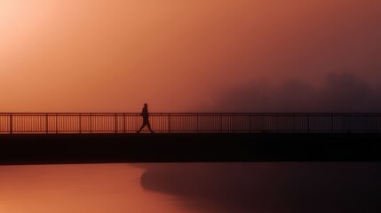 Fototapeta premium morning jogger crossing bridge with sunrise glow