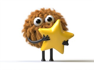 Fluffy, cute monster holding a star, symbolizing achievement or rating. 3D rendering, conceptual image. Isolated on white background.