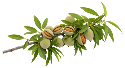 Unripe almonds on a branch with green leaves isolated on transparent background