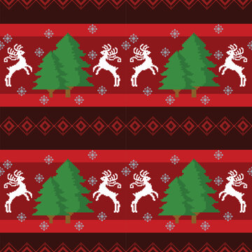 christmas seamless pattern with Reindeer and Christmas tree on red tone.