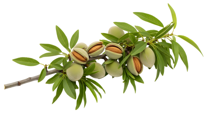 Unripe almonds on a branch with green leaves isolated on transparent background