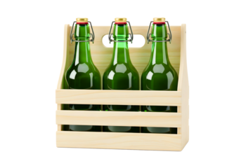 Three green swing top bottles in wooden crate isolated on transparent background