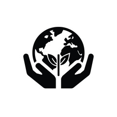 Globe and Seedling Sprout in Open Hands Silhouette on Transparent Background