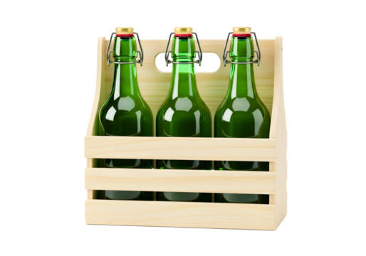 Three green swing top bottles in wooden crate isolated on transparent background