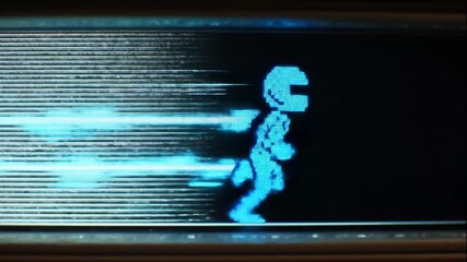 Retro pixelated animation of a running man at high speed. Glowing 8-bit character on a digital screen with scan lines. Technology and motion concept - Powered by Adobe