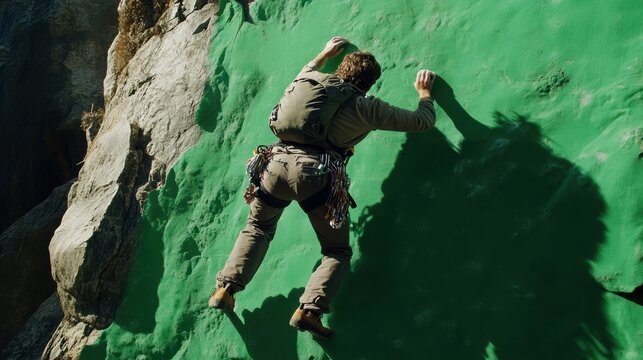 Adventurer Scaling a Vertical Rock Face with Bright Green Background for Climbing, Outdoor, and Adventure Themes